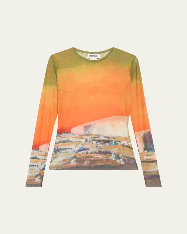 Ombre Print Mesh Long Sleeve Top
